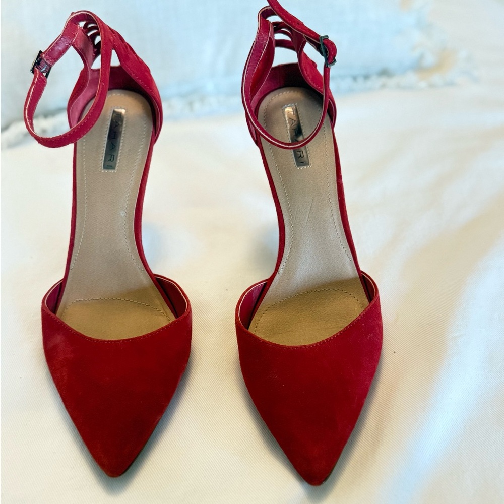 Tahari Red Heels with Ankle Strap and Pointed Toe